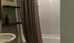 bathroom with brown shower curtain in Cypress Bedroom